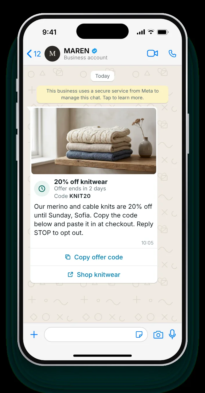 Everything on: image, panel, timer, copy button: WhatsApp limited-time offer on an iPhone