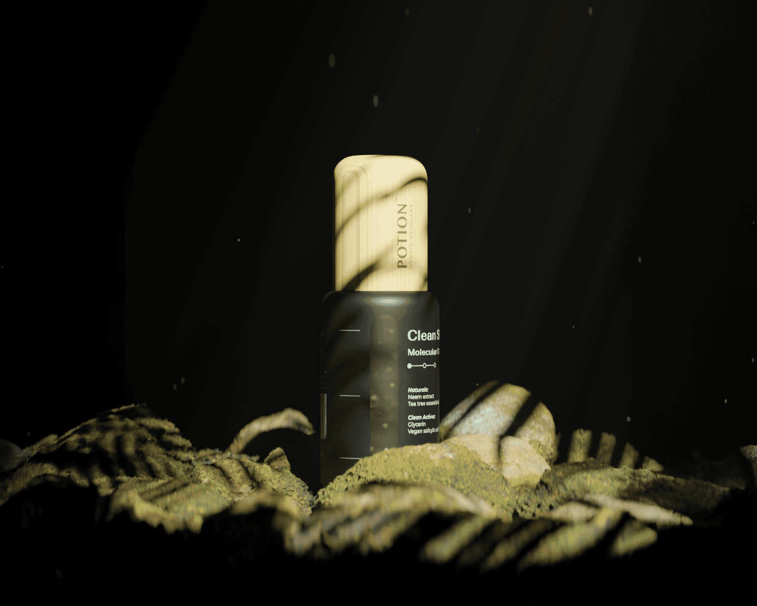 A high-end product visualization of a skincare bottle sitting on a mossy, organic surface, illuminated by a dramatic spotlight.