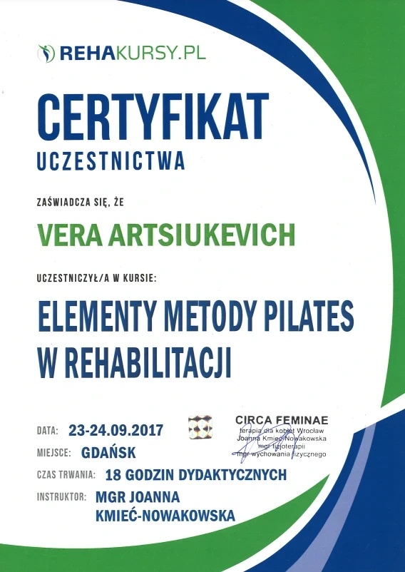 Certyfikat Very elementy metody pilates w rehabilitacji