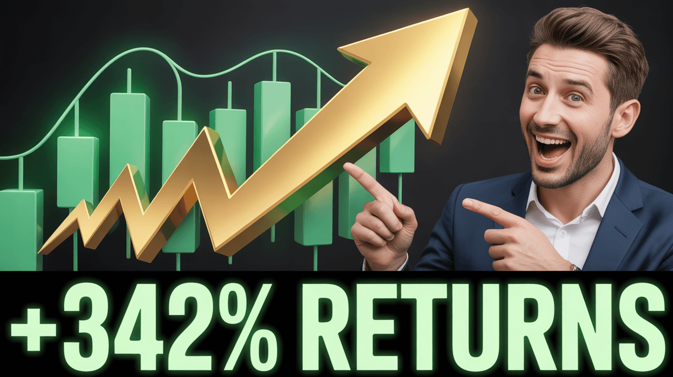 +342% RETURNS headline over gold arrow blasting through green stock chart