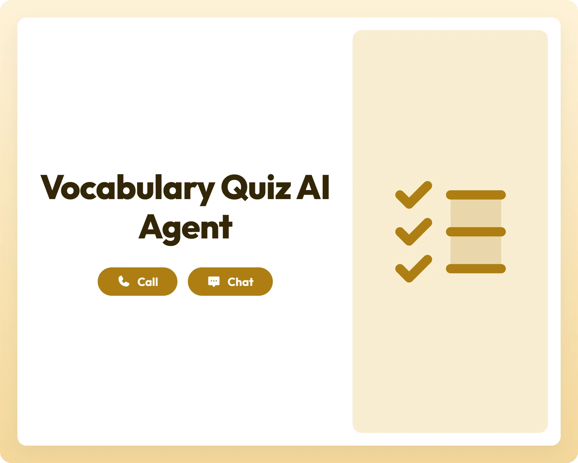 ai education agent offers vocabulary quiz support via call and chat with a checklist panel