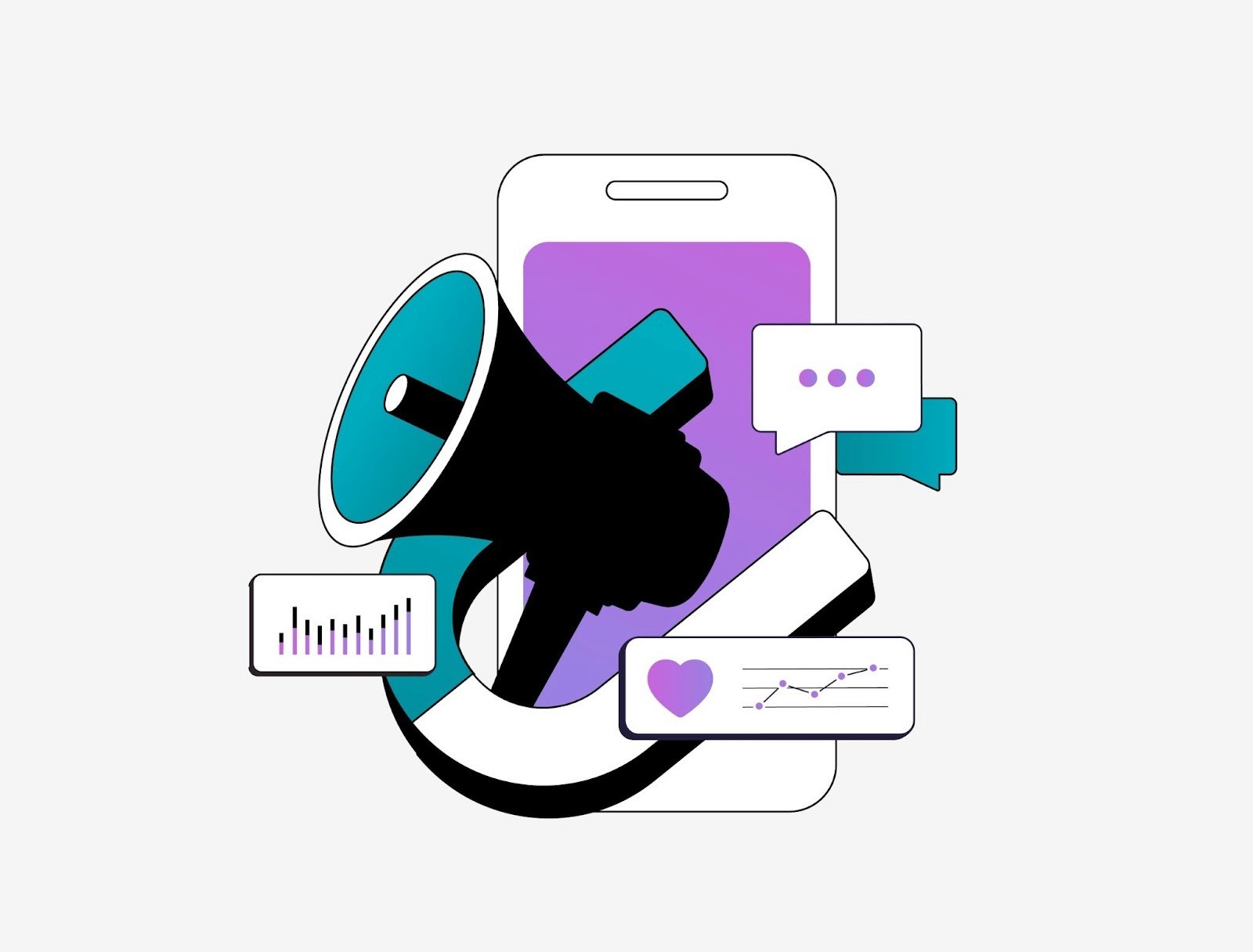 Illustration of a megaphone and smartphone with analytics and engagement icons, representing social media marketing performance tracking for creator campaigns