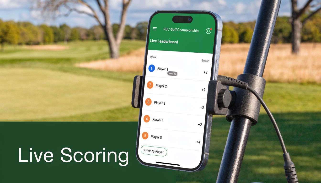 A smartphone mounted on a golf cart shows a live leaderboard app for the RBC Golf Championship.