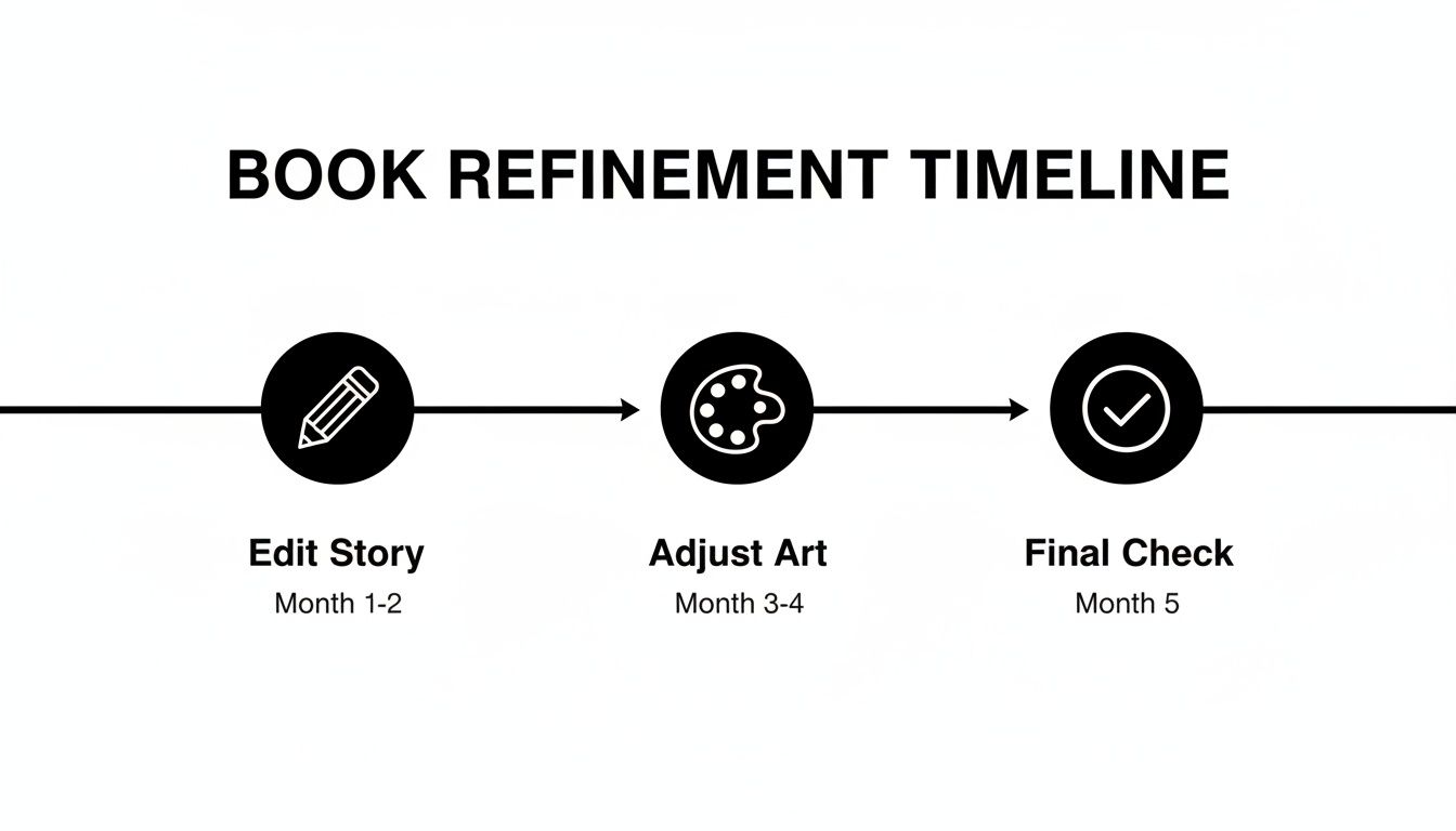 A book refinement timeline showing three stages: Edit Story (Month 1-2), Adjust Art (Month 3-4), and Final Check (Month 5).
