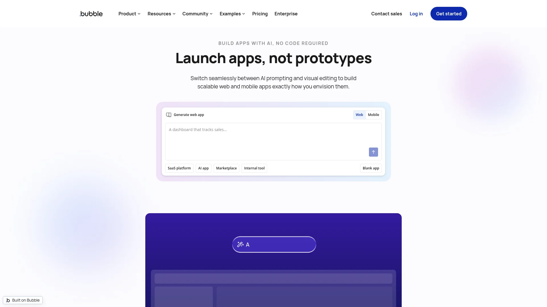 Bubble no-code app builder with AI prompting and visual editing for web and mobile apps