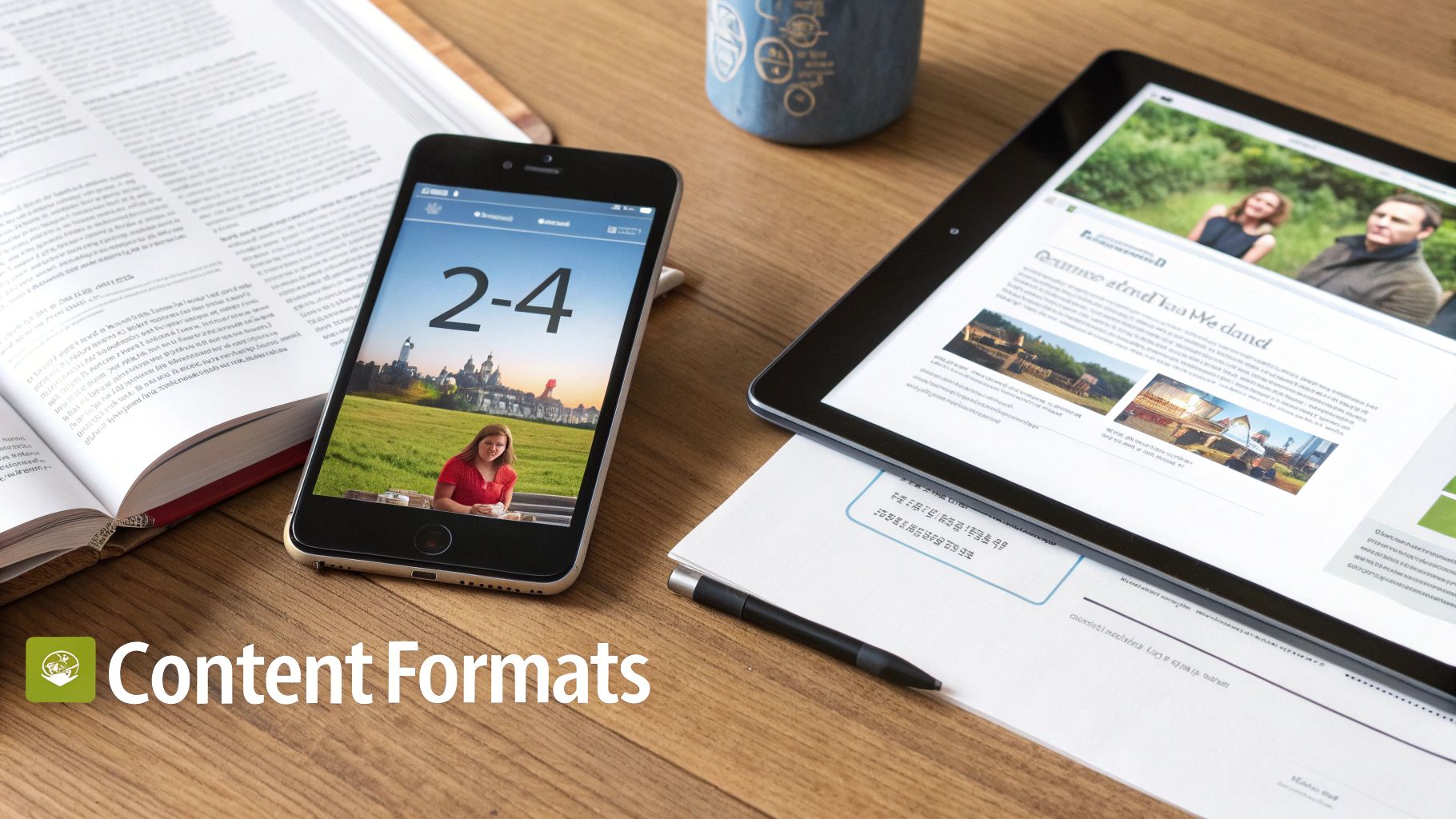 Overzicht van een bureau met een open boek, smartphone, tablet en documenten, gericht op contentformaten en media.