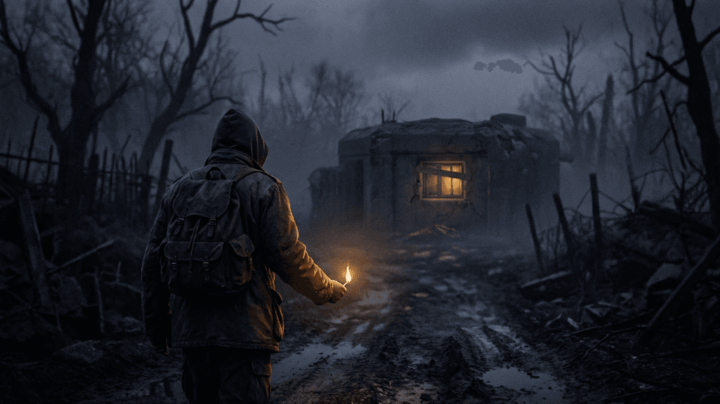 Concept art — a lone figure approaching a dimly lit safehouse at the edge of a town, match in hand