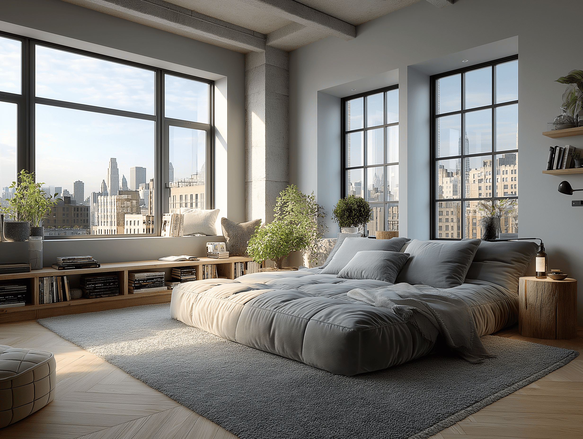 Minimalist loft bedroom featuring a low tufted grey floor bed, exposed concrete beams, low wooden bookshelves, and large grid windows framing a city skyline view.