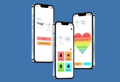 Three screens of the app Fidgy - the home screen, selecting between modes of interaction, and heart pop-it activity