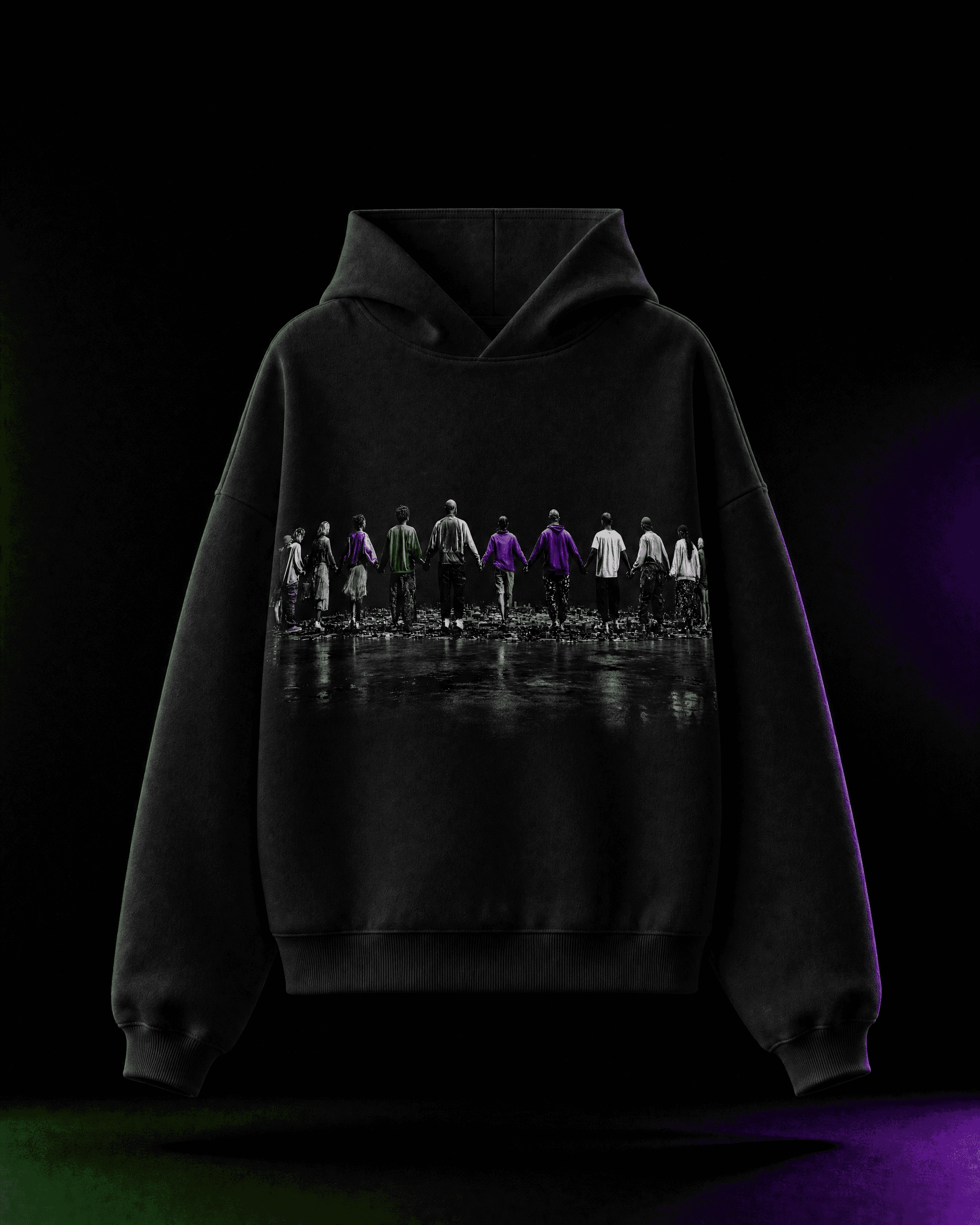 Front of a black Session Zone hoodie with a group-of-people graphic accented in purple and green.