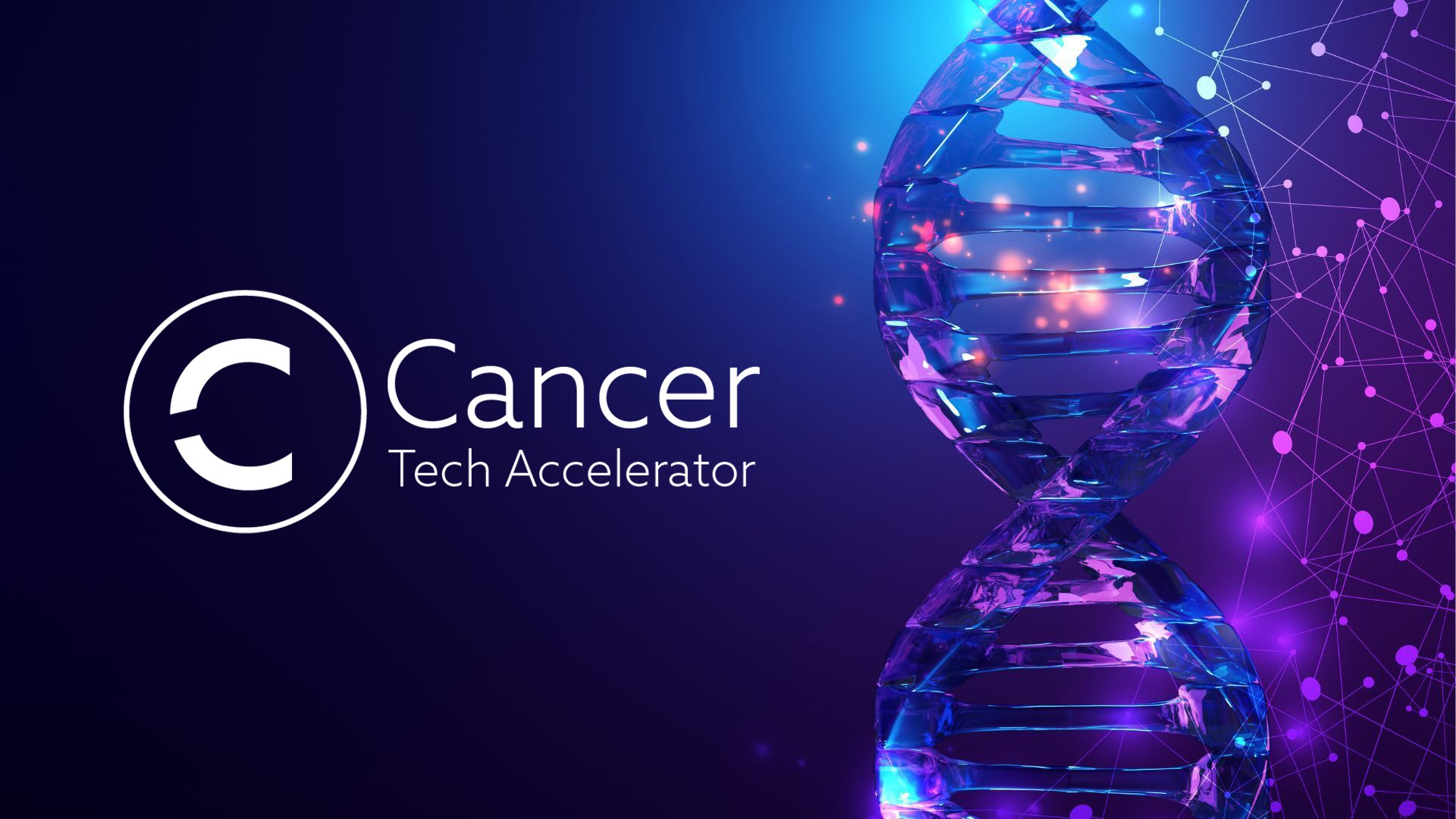 A luminous DNA helix against a dark blue background with the white text "Cancer Tech Accelerator", conveying innovation.