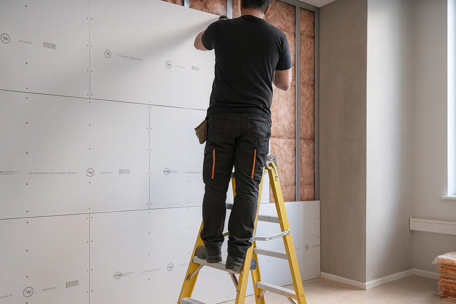 Ruka drží texturovaný šedý panel vedle hladkých béžových a světlých panelů a protihlukovou desku.
