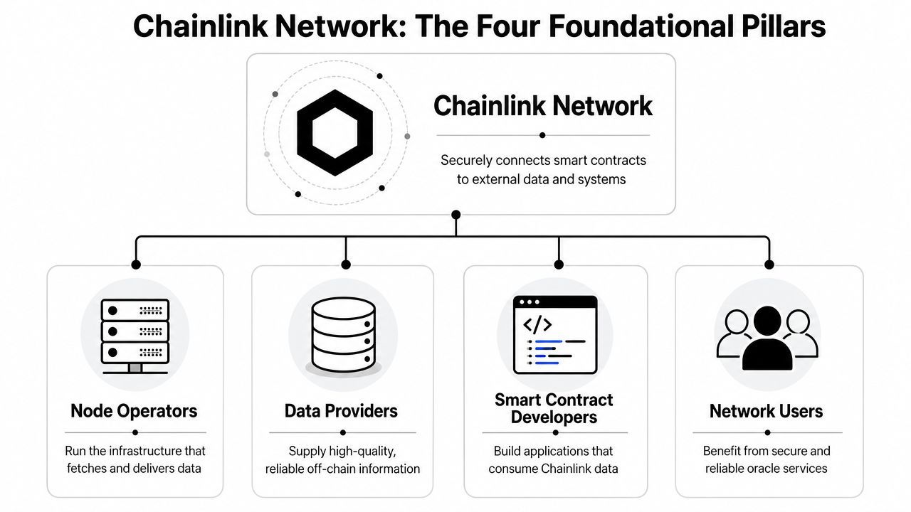 A diagram illustrating the four foundational pillars of the Chainlink network: node operators, data providers, developers, and users.