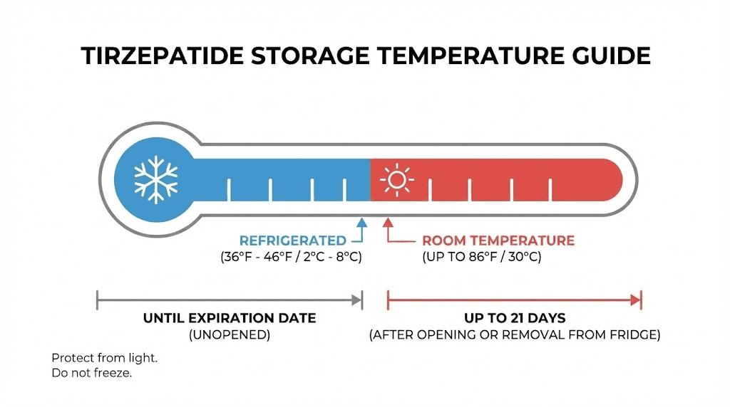 Tirzepatide storage guide showing refrigerated and room temperature shelf life timelines