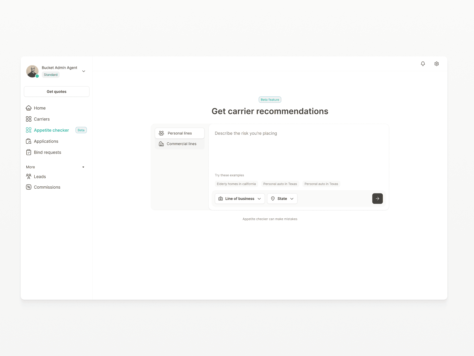 Agentero Appetite Checker 'Get carrier recommendations' screen with line-of-business and state filters