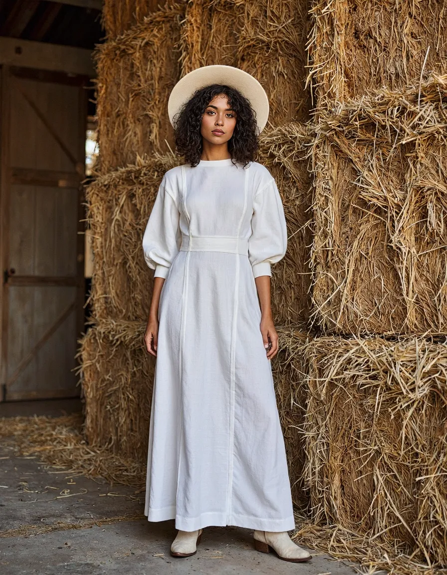 Fashion photograph featuring a white maxi dress with balloon sleeves and wide-brim hat against golden hay bales in a rustic barn setting