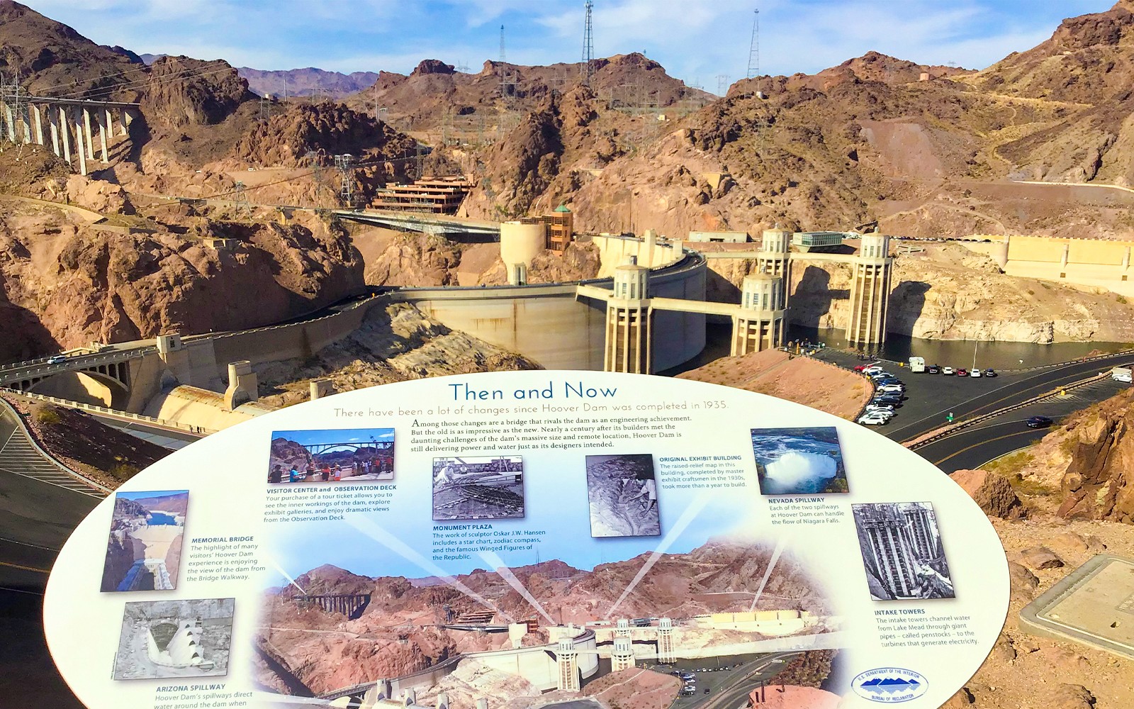 Visitors exploring Hoover Dam with a view of the dam's structure and surrounding landscape in Las Vegas.