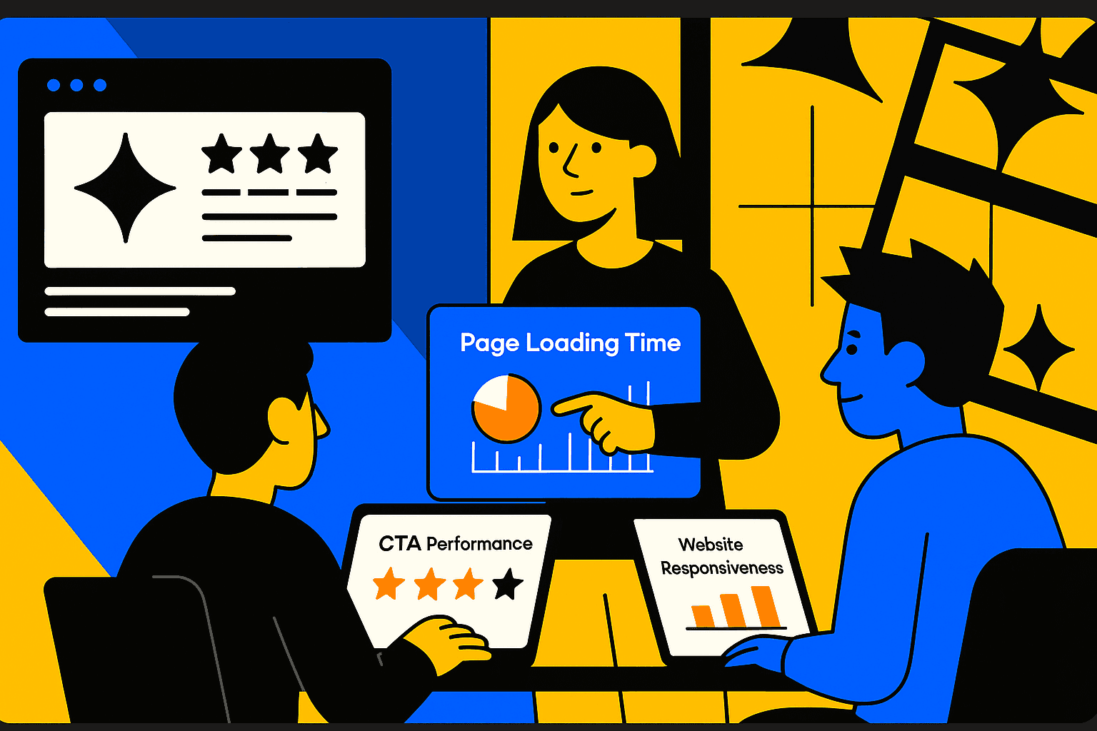 Team analyzing CTA performance dashboards, page loading time charts, and website responsiveness metrics, modern workspace, clean UI screens