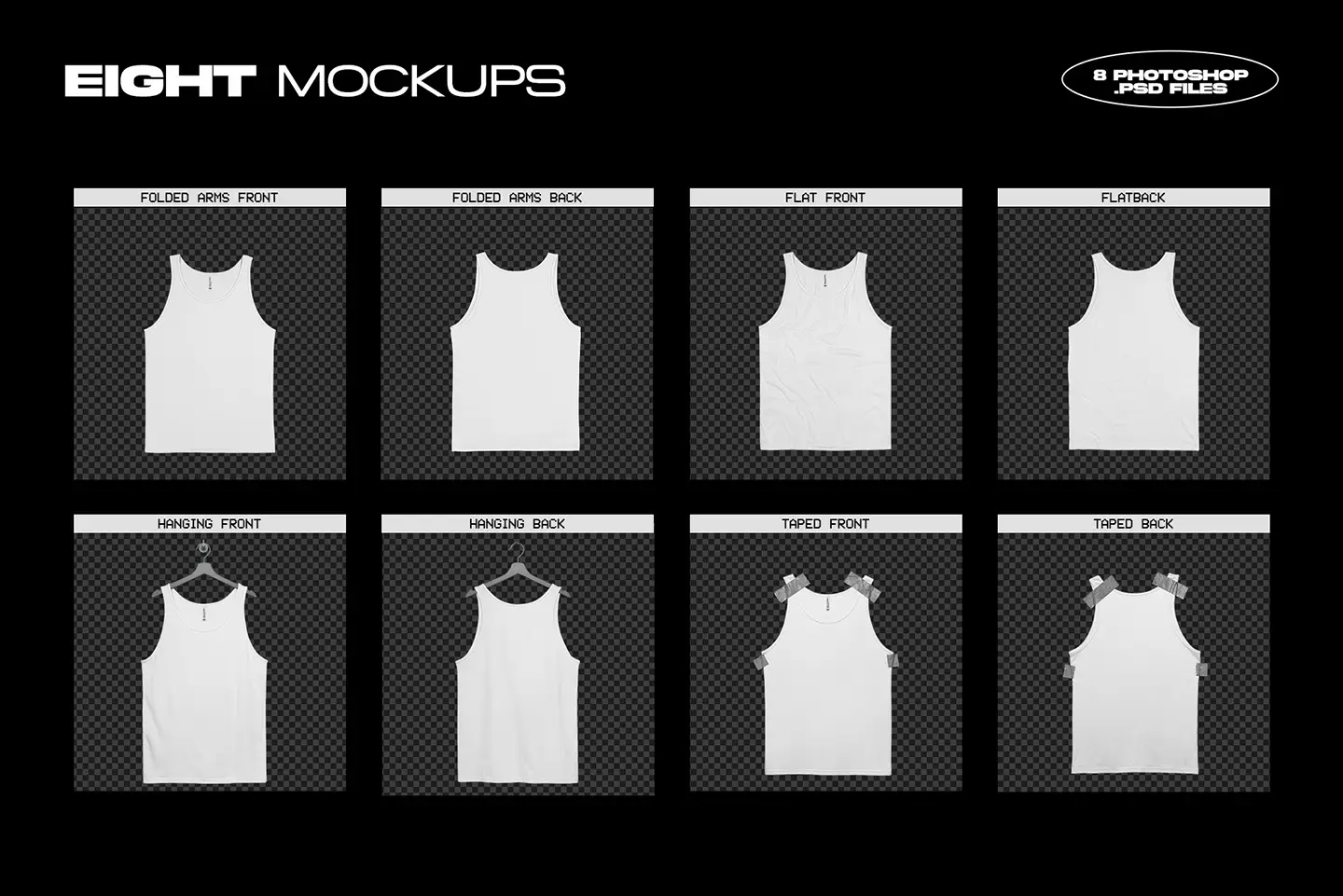 Bella+Canvas 3480 Tanktop Mockup Bundle overview with Wrinkled, Taped, Hanging and Flat variations