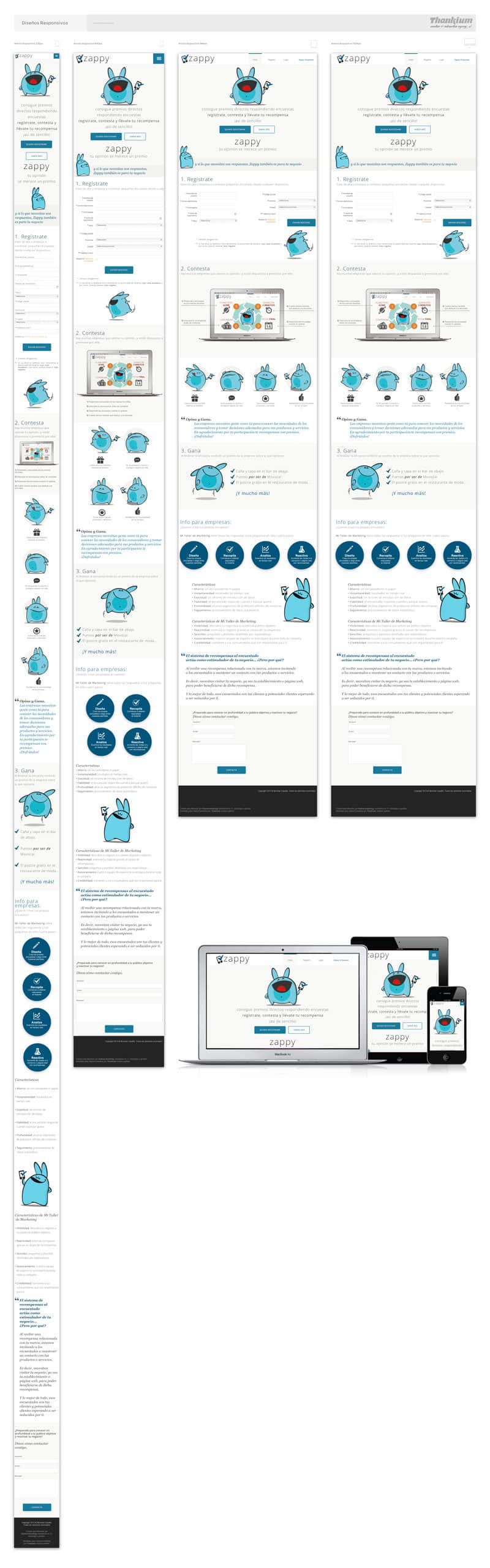 Diseño responsivo de página web Zappy con ilustraciones y formularios para registro y encuestas.