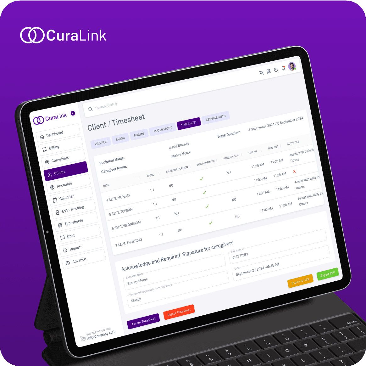 Mockup of CuraLink platform featuring a healthcare management dashboard with analytics.