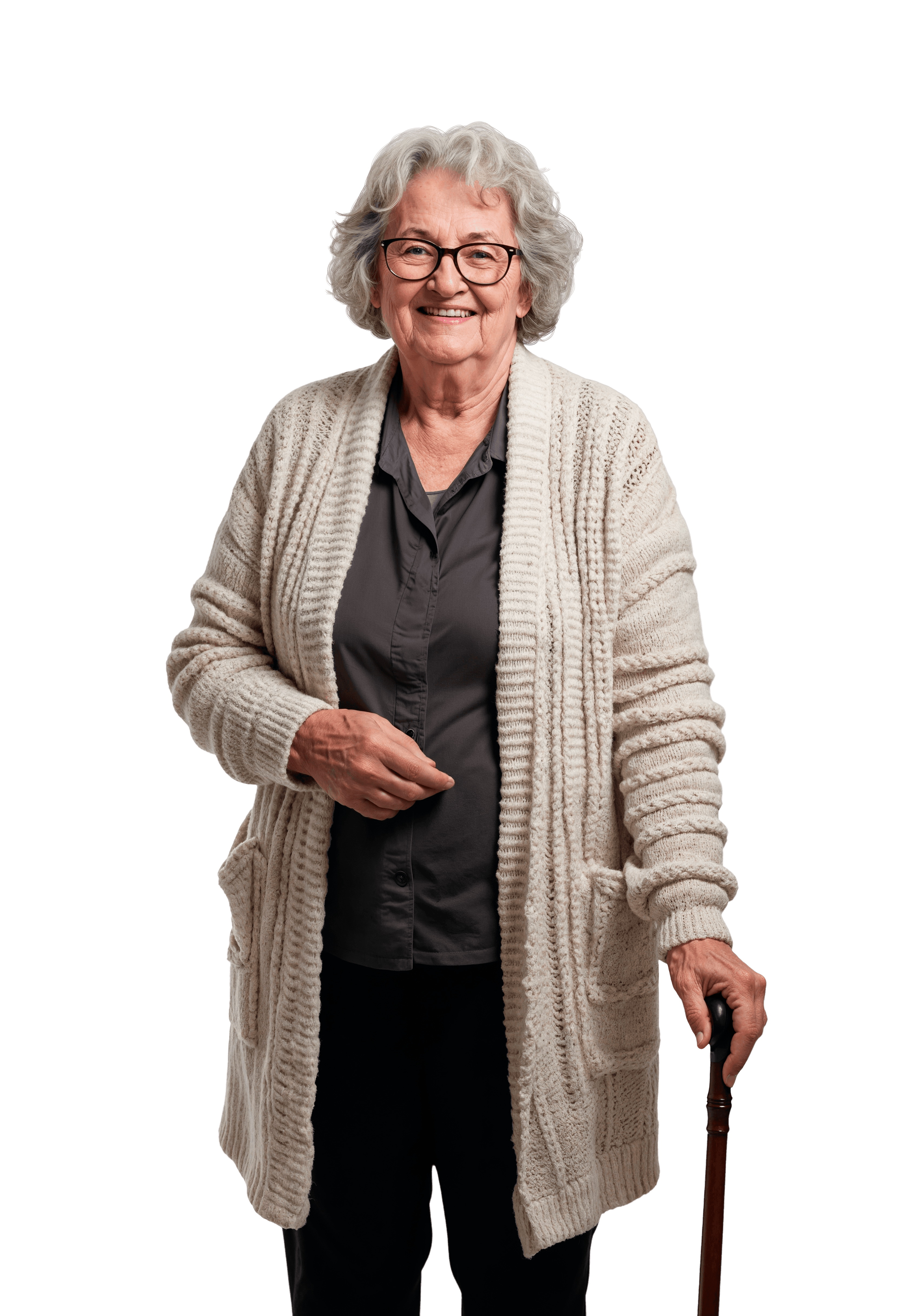 A woman sits cross-legged with eyes closed, wearing a white blouse and a long purple skirt, looking serene.