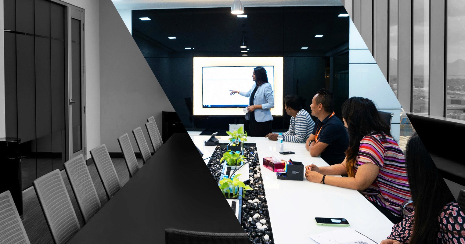 An empty meeting room contrasting with full meeting room