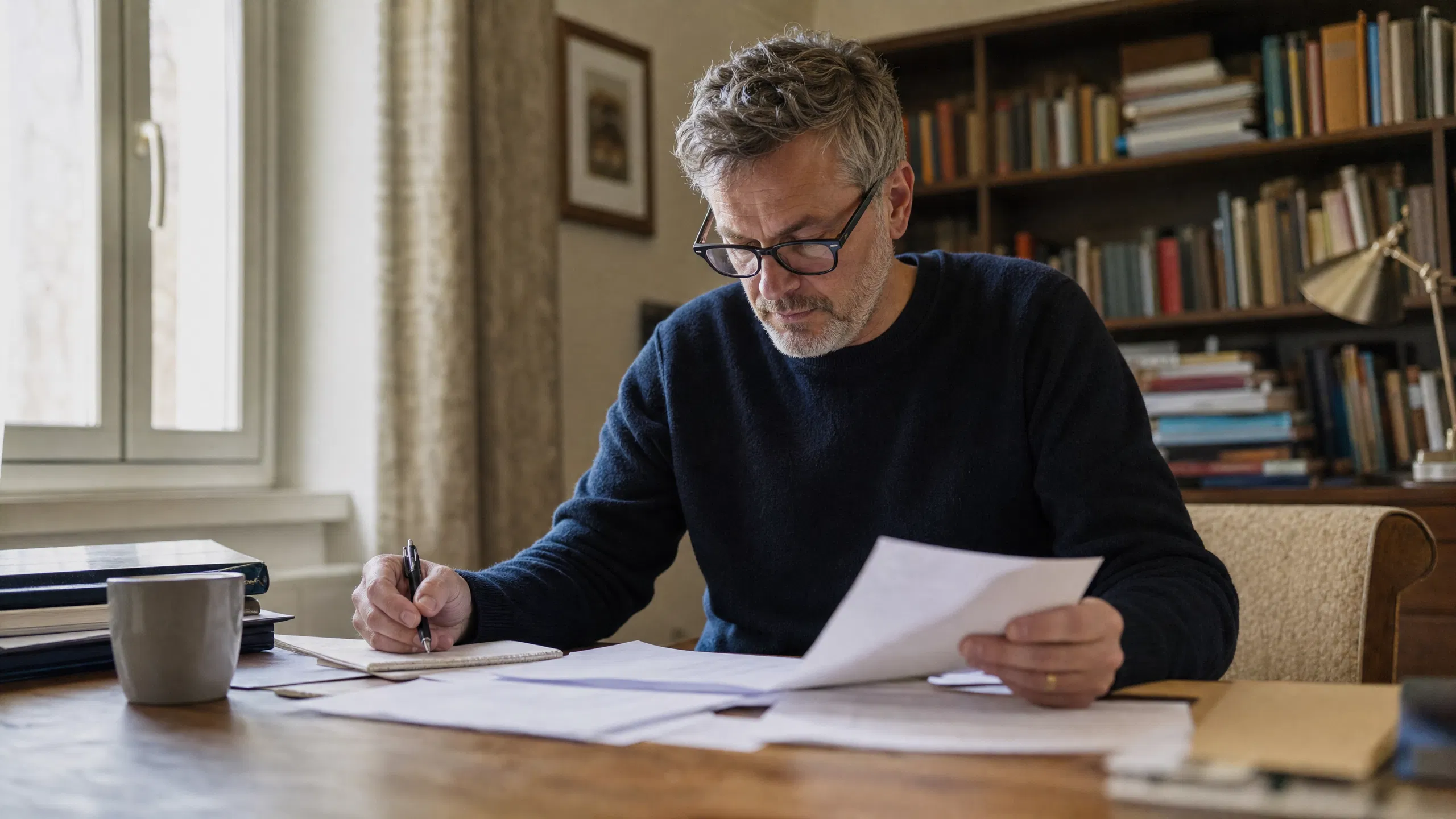 Ein Vermieter mittleren Alters mit Brille sitzt konzentriert an einem Holzschreibtisch in einem österreichischen Heimarbeitszimmer, hält ein Dokument in der Hand und macht handschriftliche Notizen – im Hintergrund ein vollgestelltes Bücherregal und weiches Fensterlicht.