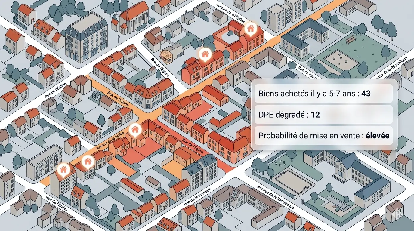 Carte de quartier avec zones de prospection prioritaires identifiées par intelligence artificielle