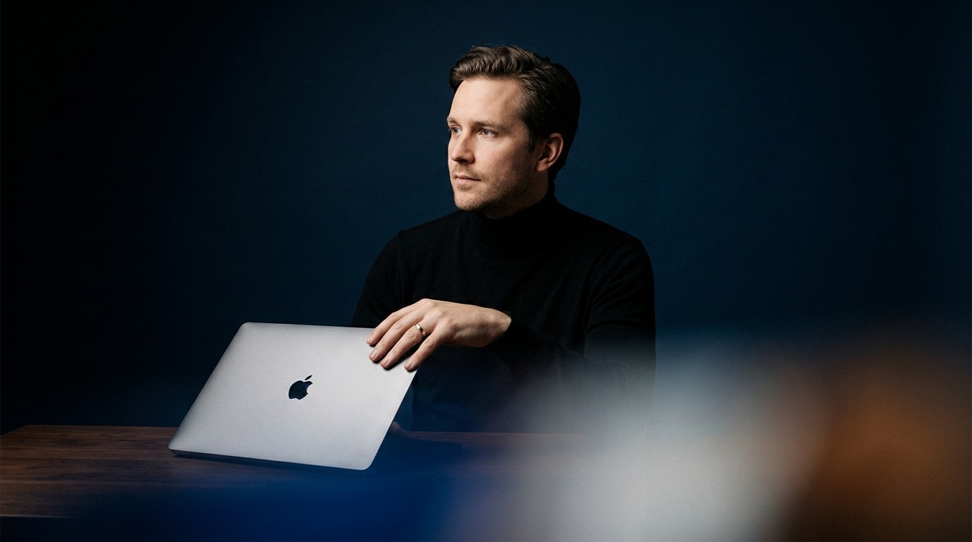 Man in a black turtleneck resting a hand on a laptop, lit against a deep blue background