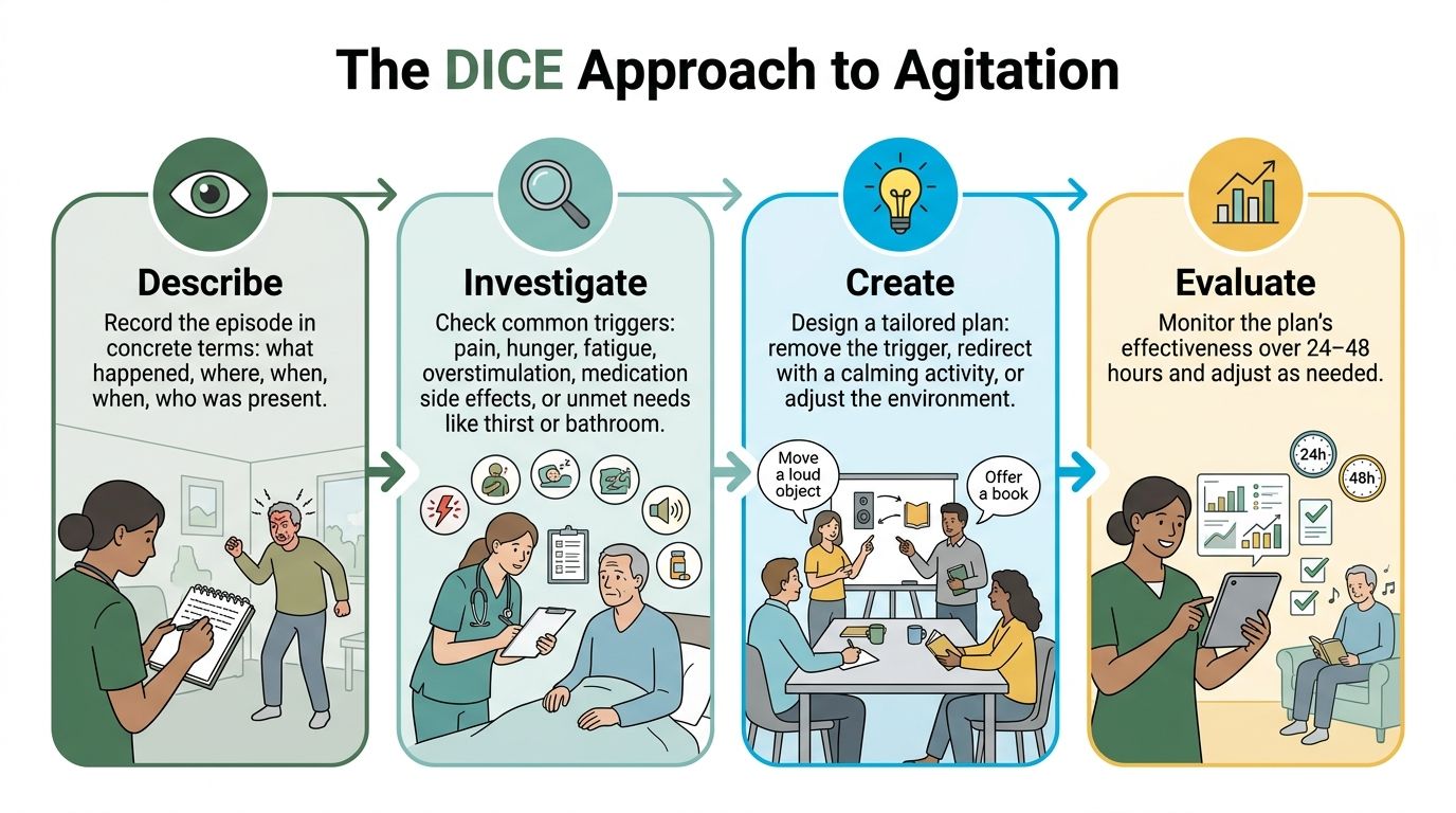 An infographic titled The DICE Approach to Agitation explaining four steps: Describe, Investigate, Create, and Evaluate.