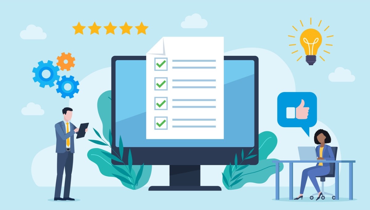 Illustration of a computer monitor displaying a completed checklist, surrounded by team members, gear icons, and star ratings, representing software QA processes, task validation, and collaborative quality assurance testing in a business environment.