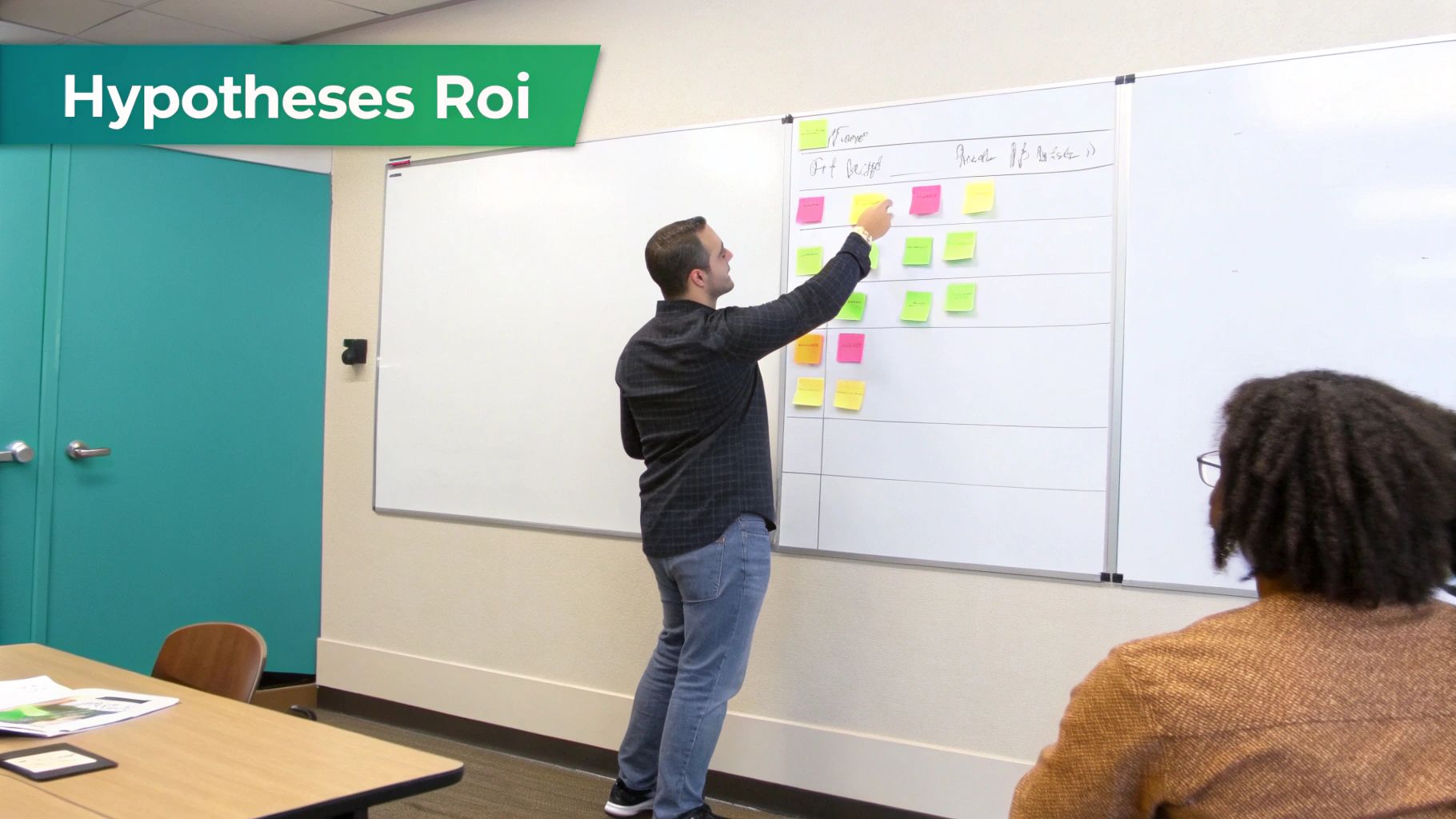 Un homme place des post-it colorés sur un tableau blanc, discutant des hypothèses ROI.
