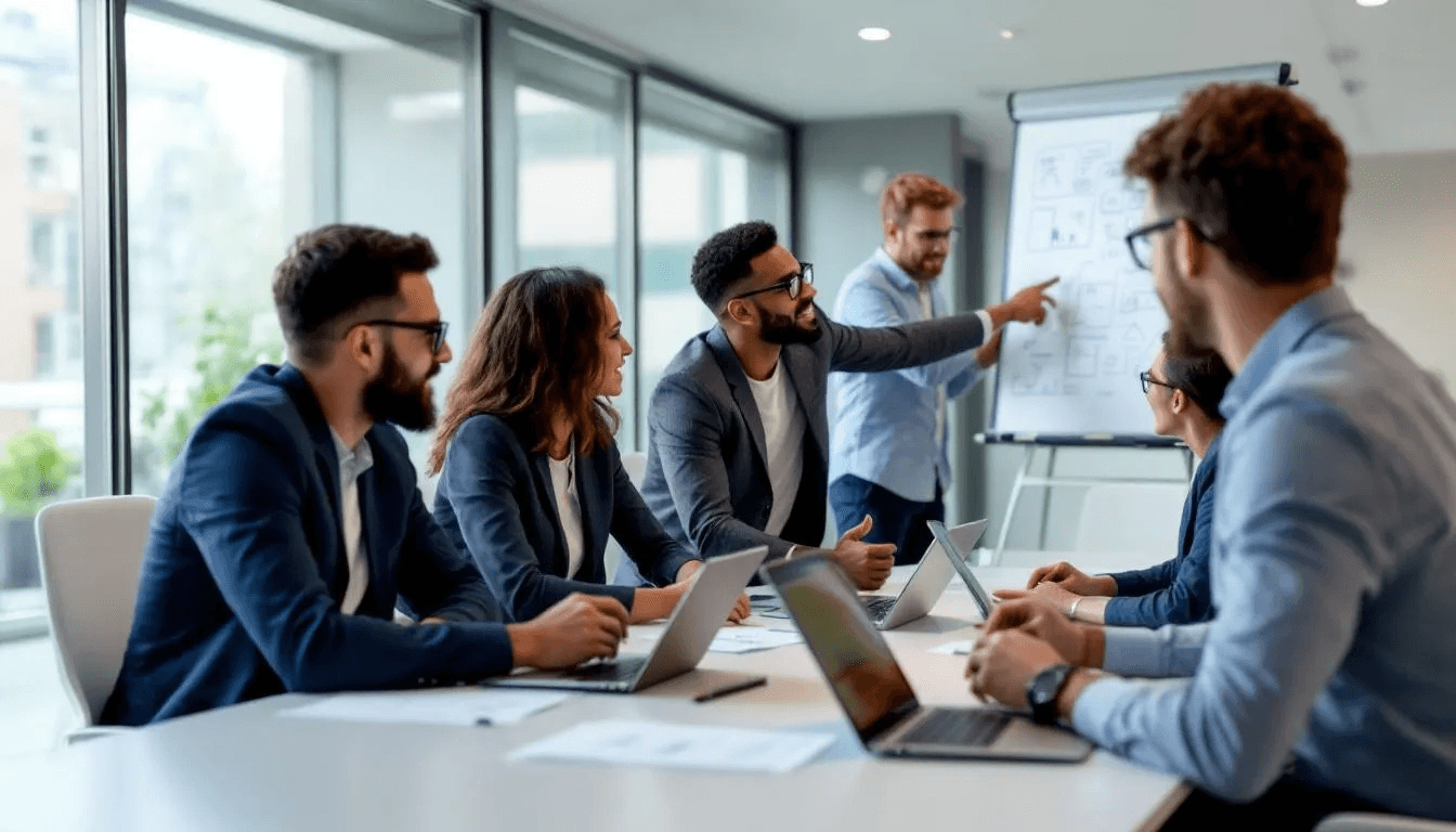 Une équipe d'experts se concentre sur un projet de formation digitale dans un bureau moderne, utilisant des outils de digital learning pour créer des contenus sur mesure. L'environnement dynamique reflète une collaboration efficace autour de l'apprentissage et de la transformation des compétences.