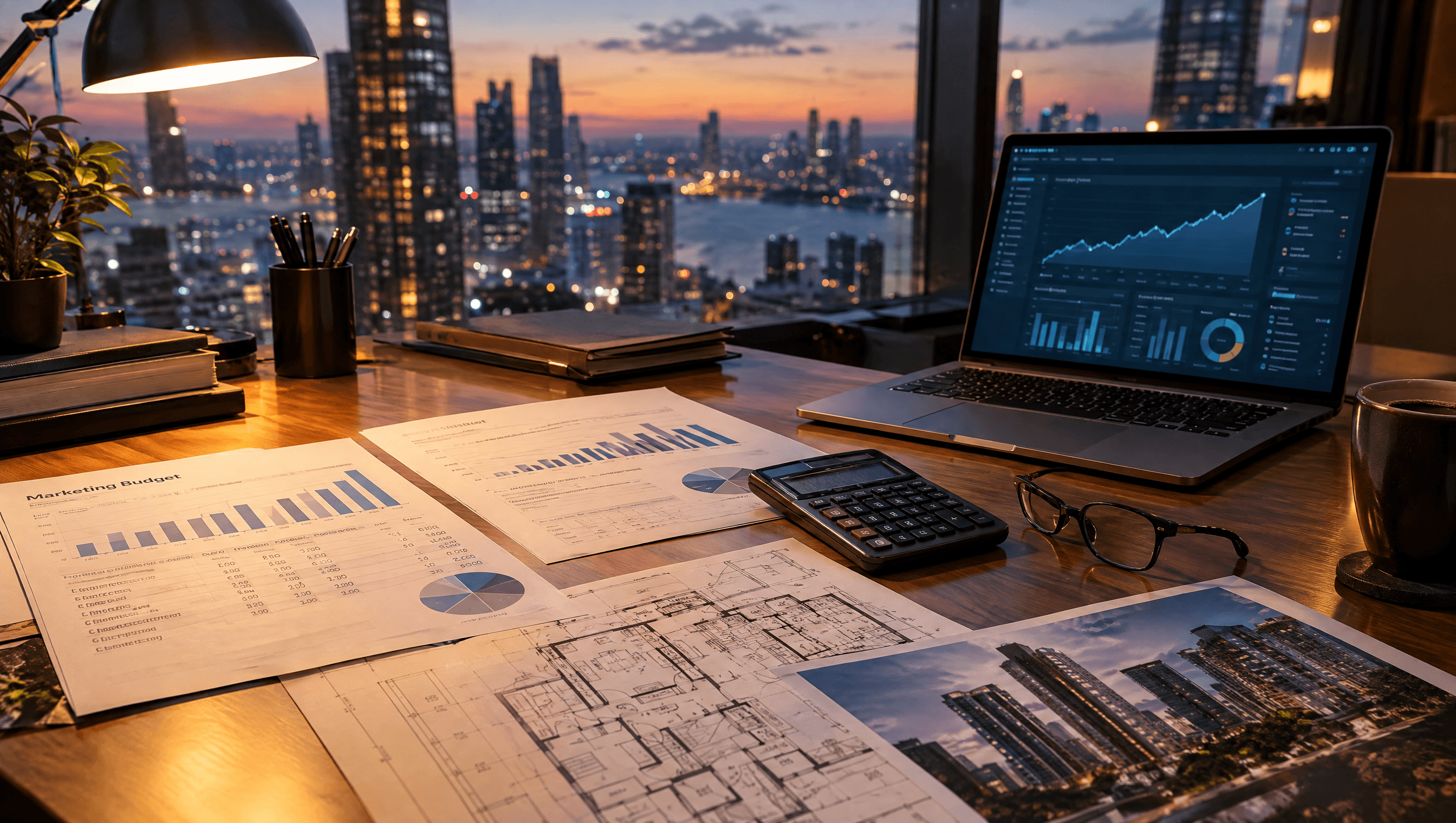 A developer's desk with a marketing budget, floor plans and an analytics dashboard
