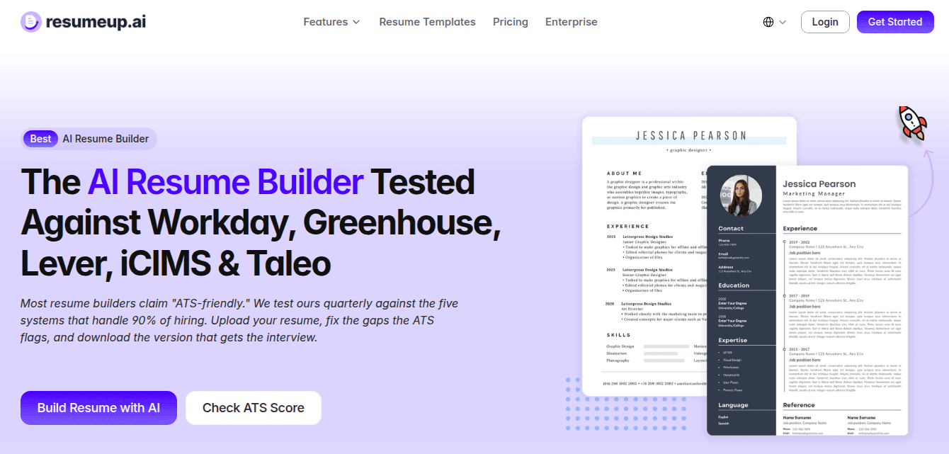 ResumeUp.AI homepage promoting an AI resume builder tested against Workday, Greenhouse, Lever, iCIMS and Taleo