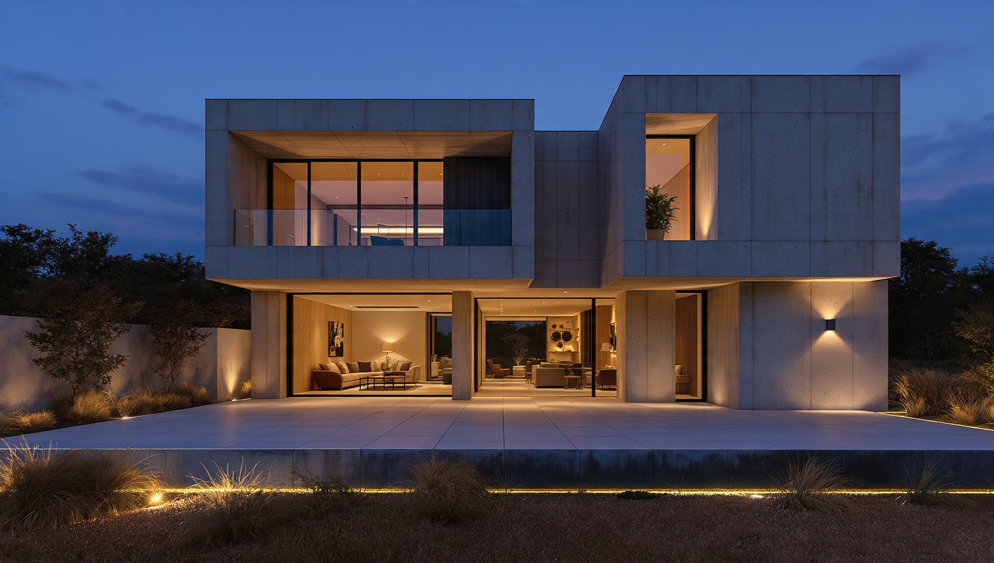 Modern two-story house at dusk with large glass windows emitting warm light. The minimalist concrete design creates a serene and inviting ambiance.