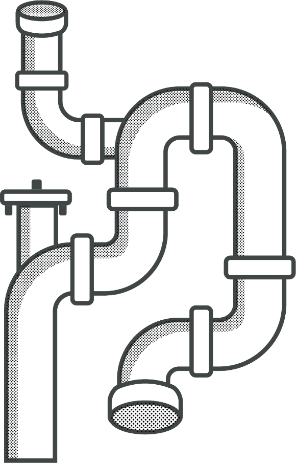 White plumbing pipes with elbow joints and connectors against a black background.