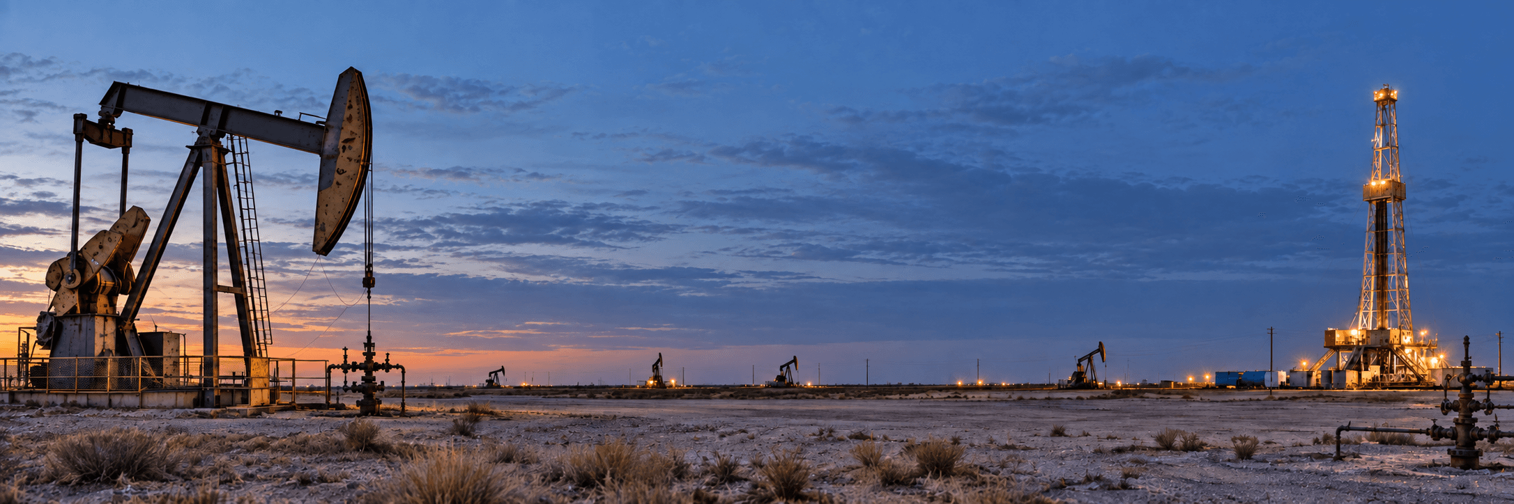 Pumpjack and drilling rig on an oilfield at dusk, with more pumpjacks on the horizon