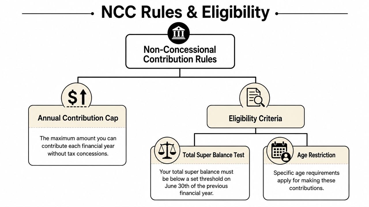 An infographic diagram outlining the rules and eligibility criteria for non-concessional superannuation contributions in Australia.