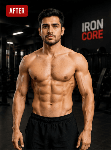 A side-by-side fitness transformation photo of a man, illustrating full-body recomposition with noticeable fat reduction and abdominal development.
