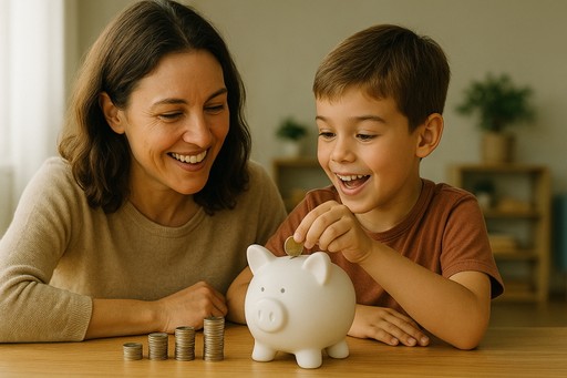 Mother and child smiling while placing coins into a piggy bank at a table.