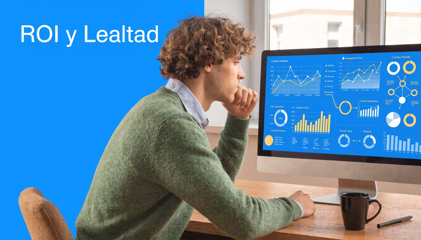 Un joven analiza gráficos de rendimiento de ventas y fidelización de clientes en una computadora de escritorio.