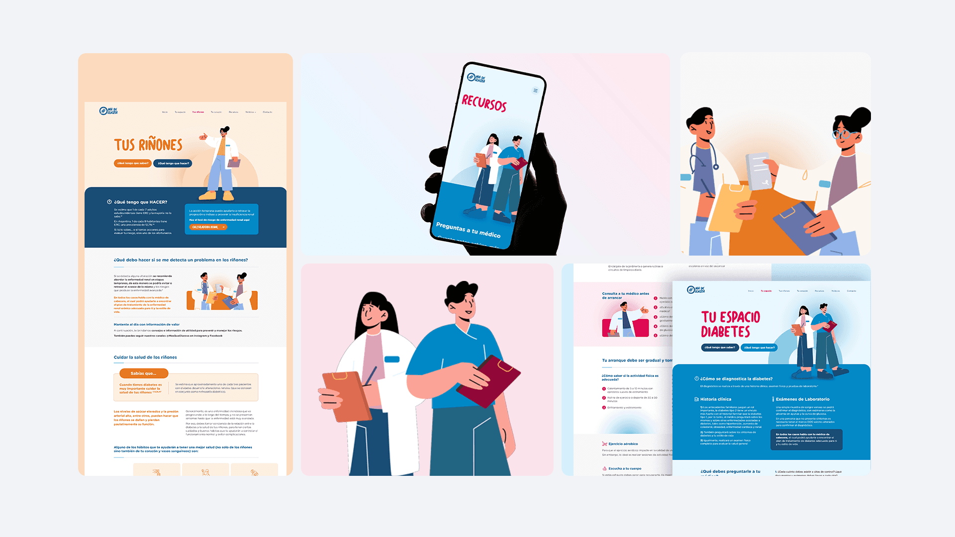 Collage de ilustraciones digitales sobre soluciones de salud moderna, apps médicas e interacción con pacientes.