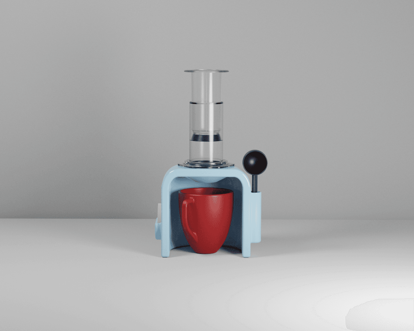 A sleek, modern coffee machine prototype with a blue body, designed to hold a red coffee mug underneath a coffee maker. This shows a creative, functional design that merges engineering and aesthetics for user convenience.