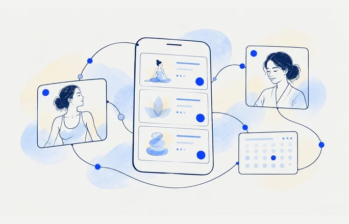 Wellness marketplaces in fine navy linework with cobalt accents and pale watercolor washes.