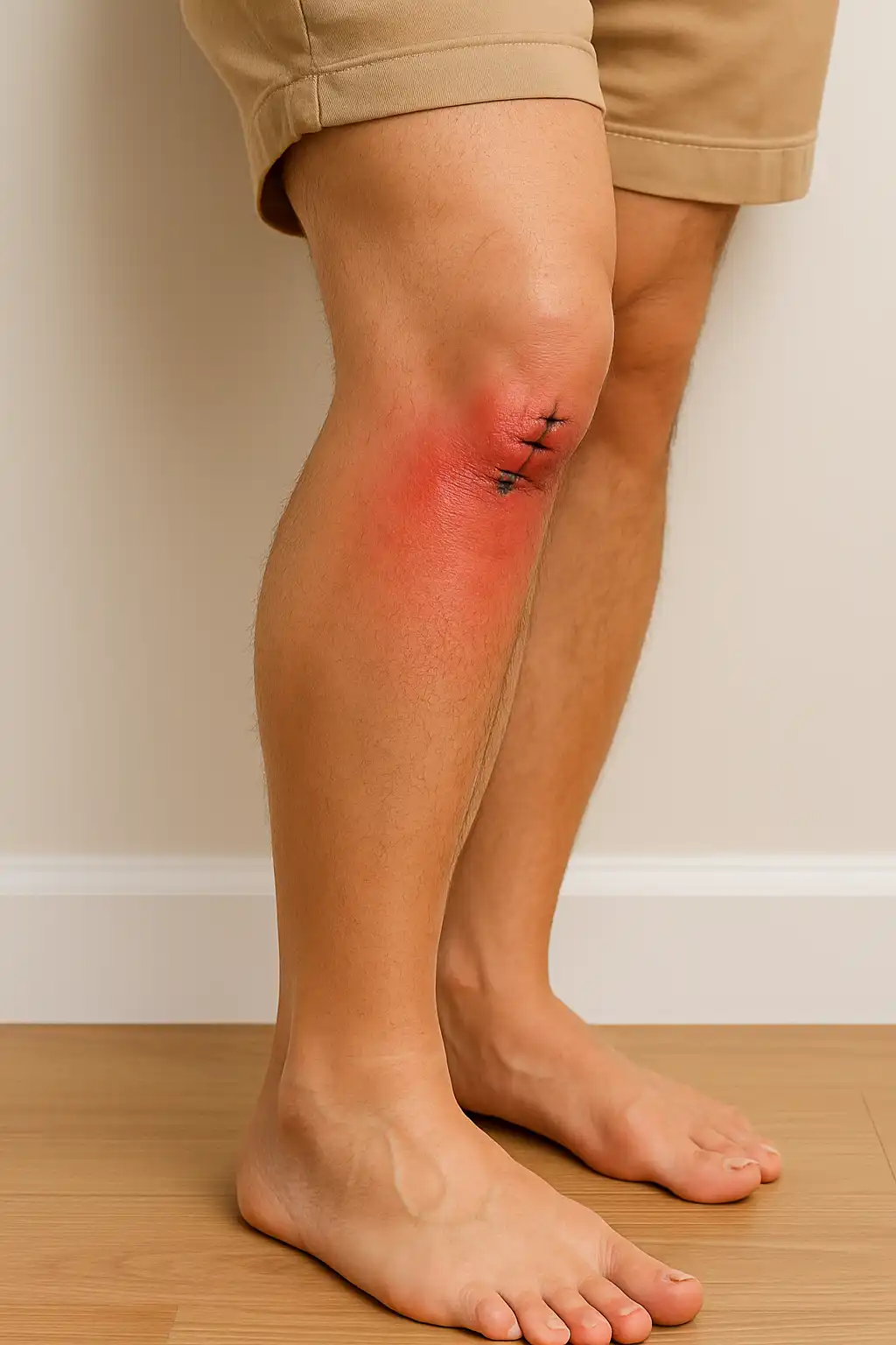 Close-up of an inflamed stitched knee, showing ligament and tendon injury requiring physiotherapy and post-injury rehabilitation.