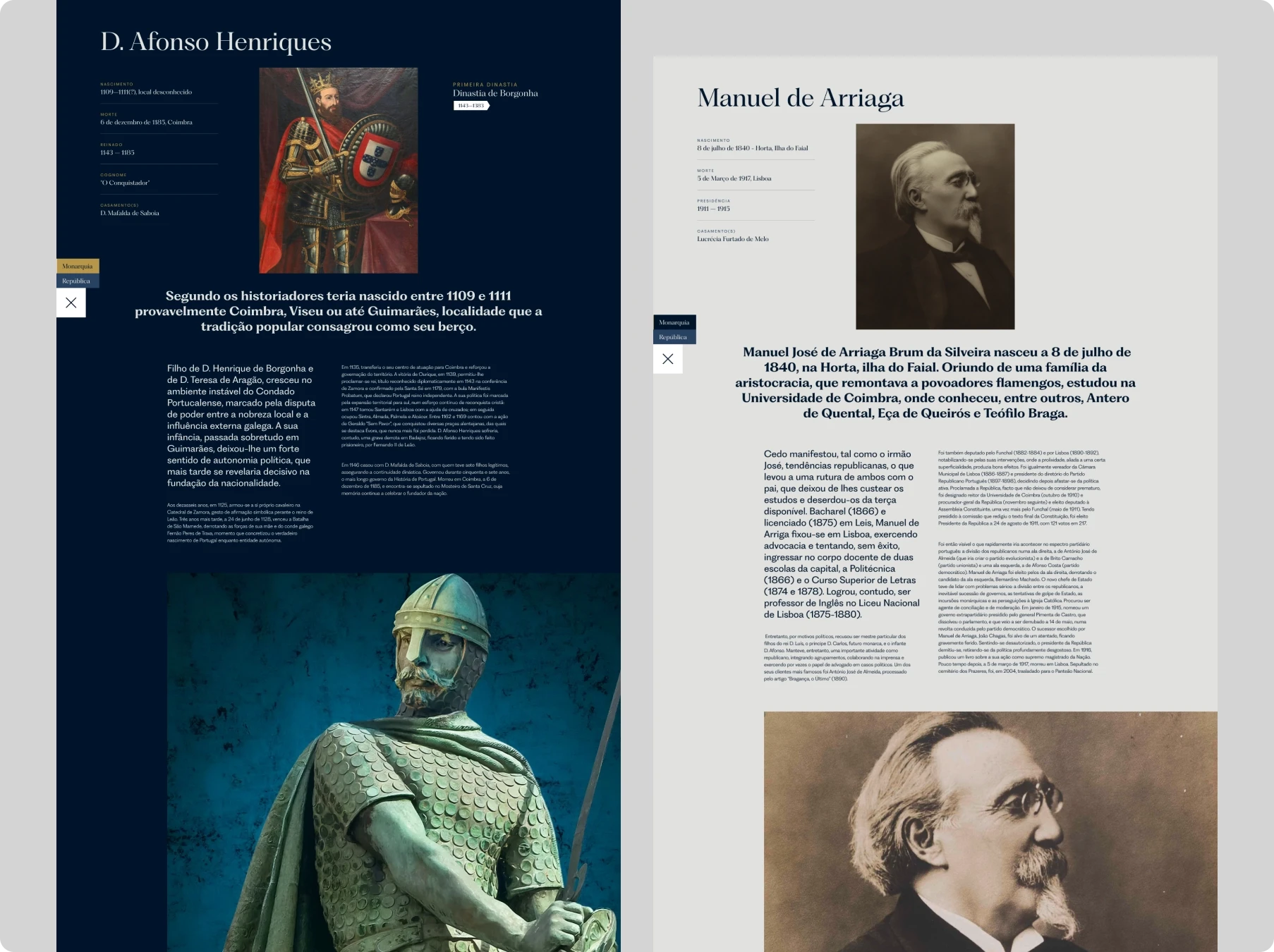 Colagem de páginas históricas sobre D. Afonso Henriques e Manuel de Arriaga, com retratos, textos biográficos e imagens em tons azul e cinza.