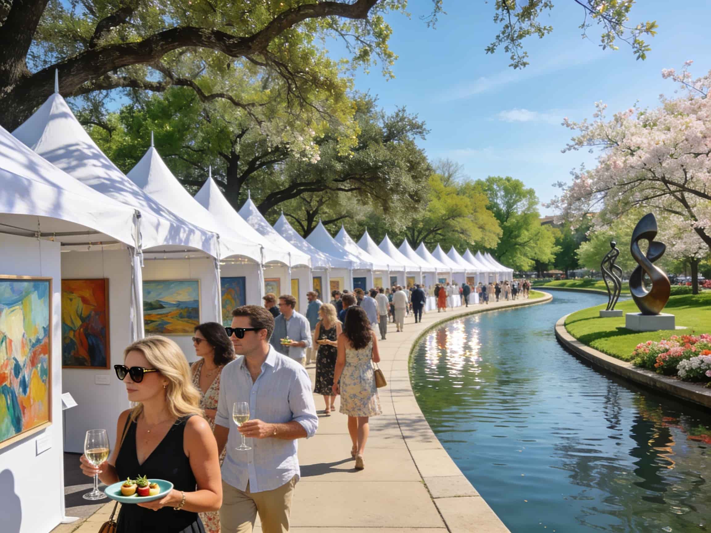 Visitors walking along the waterfront browsing art and food booths at the Woodlands Waterway Arts Festival