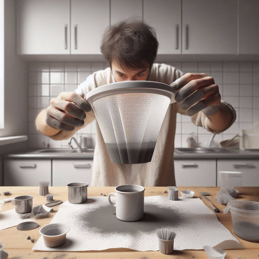 A person filtering a liquid in their kitchen at home